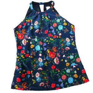 SiLK Ecru Brand Navy Floral Cami Top High Neck Keyhole Button Back Lined S Small